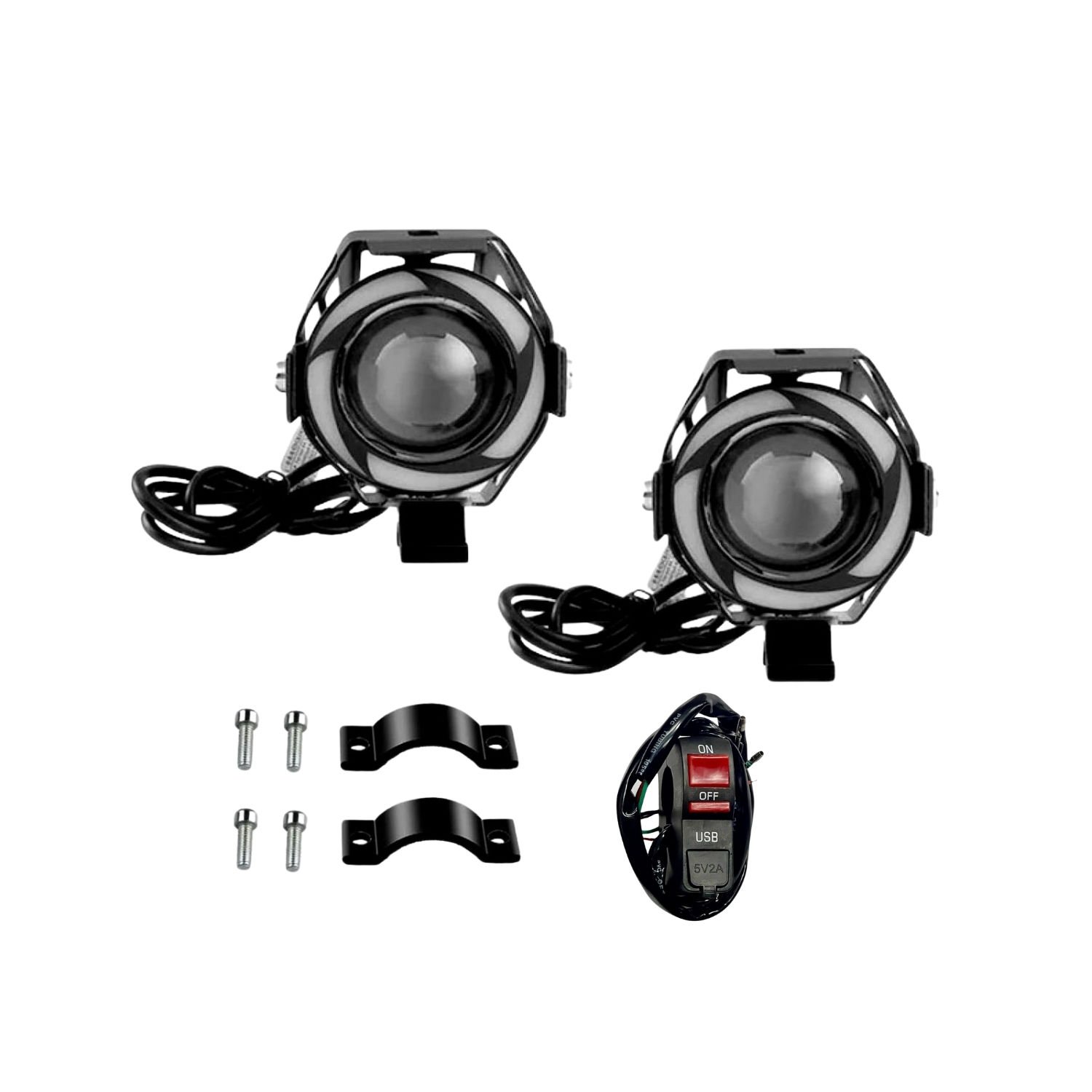 U7 Angel'Lı Çakarlı Led Sis Lambası + USB li Düğme 2 Adet - 1 Takım