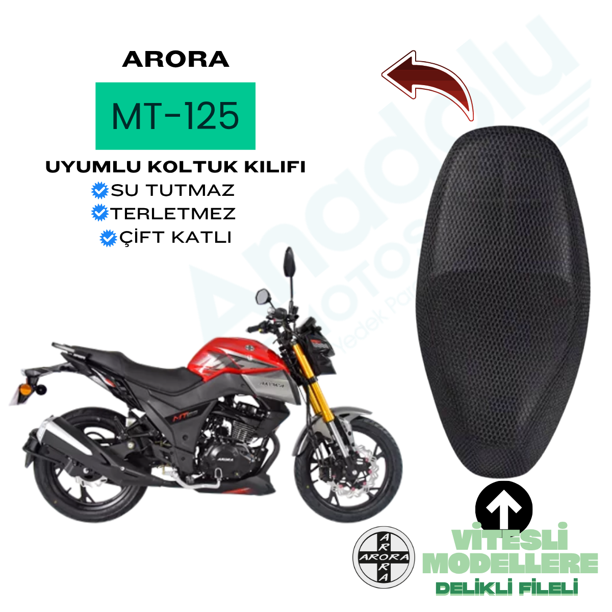 Arora MT 125  Modeline Uyumlu Delikli Fileli Koltuk Kılıfı