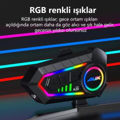 RGB İntercom AUK A20 Lite Bluetooth Kask Kulaklık 2 Kişilik