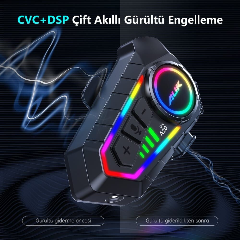 RGB İntercom AUK A20 Lite Bluetooth Kask Kulaklık 2 Kişilik